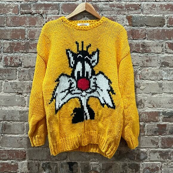 Vintage Oversized Looney Tunes Sylvester The Cat Yellow Sweater Size Large‎ - Picture 2 of 7